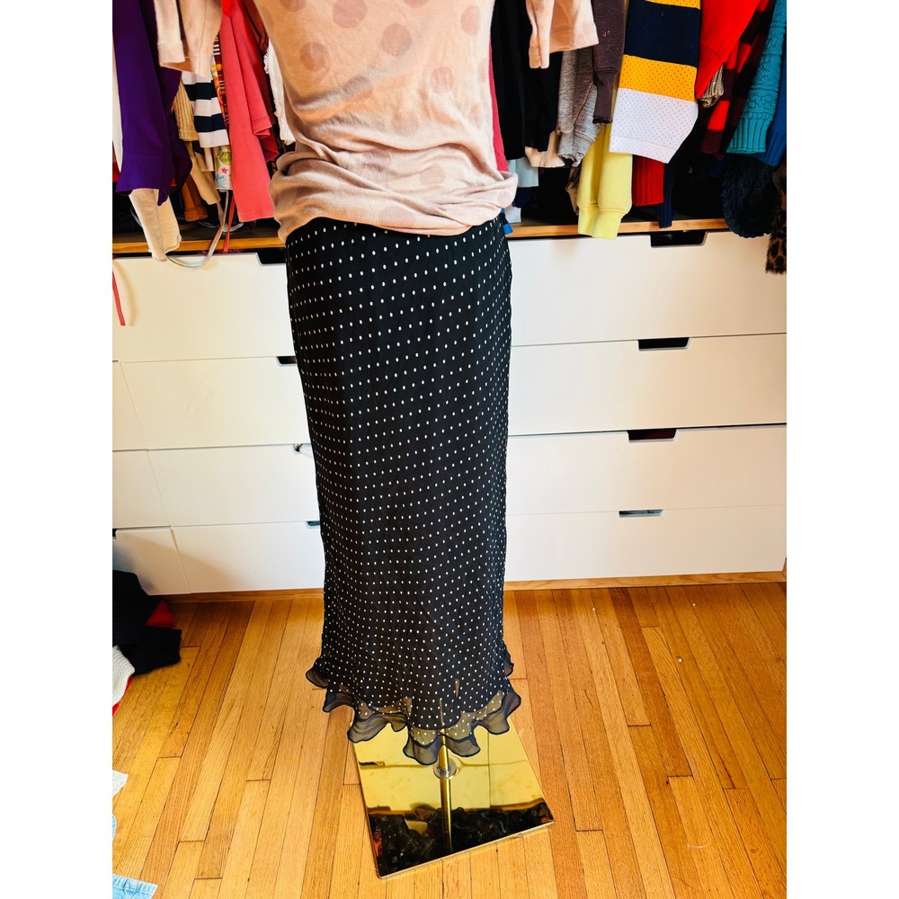 INC International Concepts Midi Skirt Womens 8 Black Silk Polka Dot Ruffle Hem